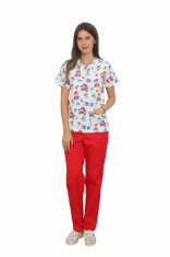 Costum medical Strumfi, bluza cu imprimeu si pantaloni rosii cu elastic 2XL INTL foto