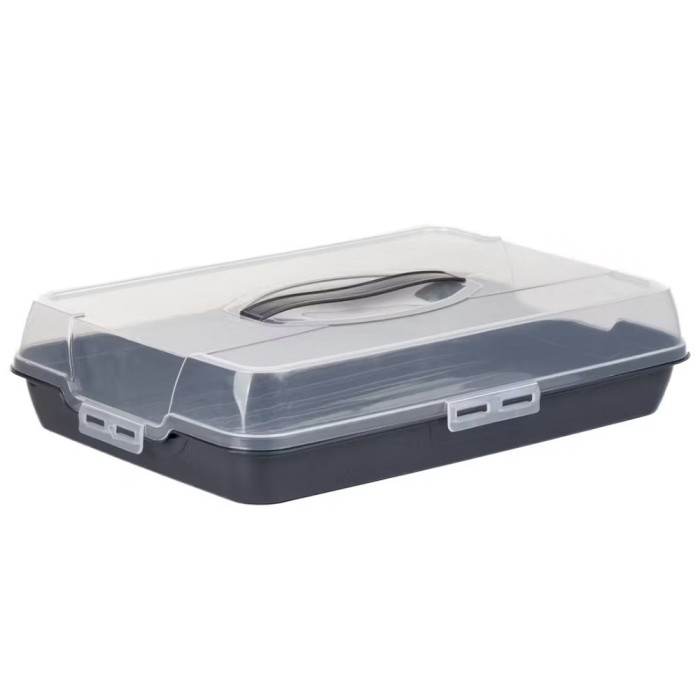Platou Pufo Cookies cu capac transparent pentru servire torturi, prajituri, briose, produse de patiserie, 25 x 23 cm, gri