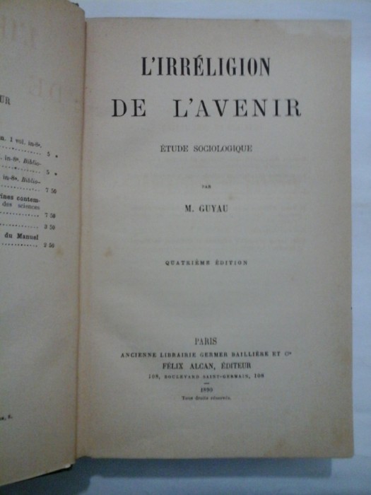 L&#039;IRRELIGION DE L&#039;AVENIR - M.GUYAU - 1890