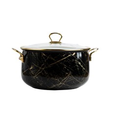 Cratita emailata Goldmann, 20x13cm, 4 litri, manere titan aurii, capac sticla, inclusiv inductie, Negru