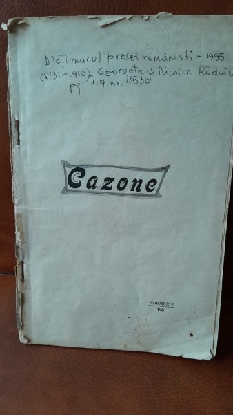 Cazone. Biblioteca Umoristica, Literara, Ilustrata, Militara, anul I, Noiembrie volumul I