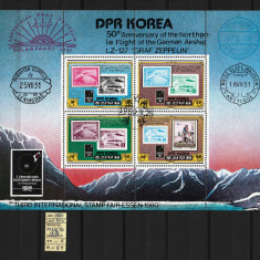 Coreea Nord, 1980 | 50 ani zborul Zeppelin peste Polul Nord | Bloc / MS | aph