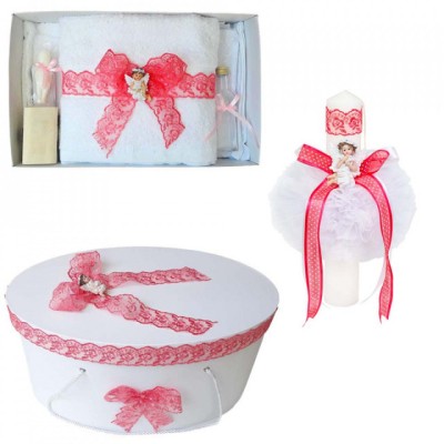 Set trusou botez, cutie trusou si lumanare, dantela si Ingeras, decor Corai, foto