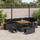 Set canapele grădină vidaXL 9 piese cu perne Negru Ratan Poliester Acacia, Set mese grădină vidaXL 3 piese cu perne Negru Ratan Poliester Acacia