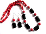 set colier si cercei cu coral si onix 36650