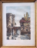 Gravură veche color, cu castel, semnată &icirc;n creion