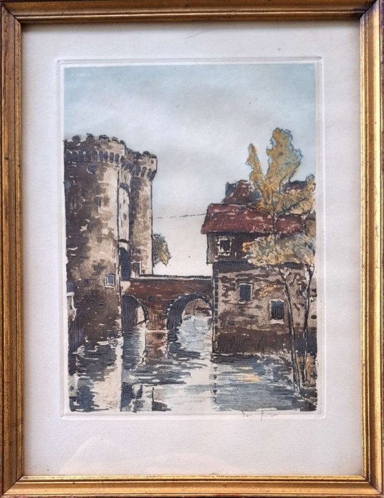 Gravură veche color, cu castel, semnată &icirc;n creion
