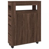 Cumpara ieftin Dulap de baie ingust cu roti, stejar maro, lemn prelucrat