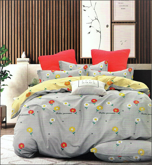 Lenjerie de pat pentru o persoana cu husa elastic pat si 2 fete perna patrata, Dael, bumbac mercerizat, multicolor