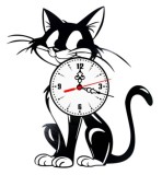 Ceas de perete decorativ realizat din disc de vinil, Model Pisica Neagra Cadran Alb Animal Companie, Negru, 30 cm