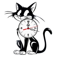 Ceas de perete decorativ realizat din disc de vinil, Model Pisica Neagra Cadran Alb Animal Companie, Negru, 30 cm