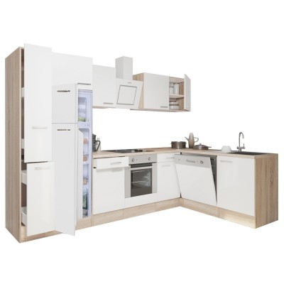 Mobilă de bucătărie de colț Yorki 310, corp din stejar Sonoma, față alb satinat, element cuptor inferior, frigider congelator superior foto