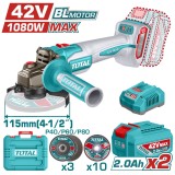 TOTAL - POLIZOR UNGHIULAR -115MM - 42V - 1080W (INCLUDE 2 ACUMULATORI, 1 INCARCATOR) PowerTool TopQuality