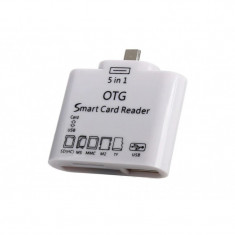 Mini Smart Card Reader OTG 5 in 1, alb, Usb/TF/SD/Micro Usb 2.0 + Conectare Tastatura USB foto