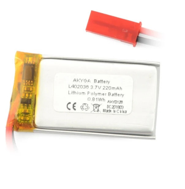 Acumulator Lithium Poliymer 12210 220mAh 1S 3.7V conector JST-BEC 36x20x4mm AKYGA Battery
