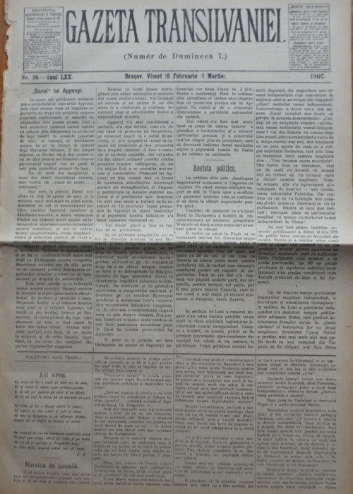 Gazeta Transilvaniei , Numer de Dumineca , Brasov , nr. 36 , 1907