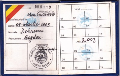 AMS @ - CARNET DE MEMBRU ANUL 2003, PARTIDUL ROMANIA MARE foto