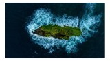 Tablou Canvas, "Insula &icirc;nvaluită de valuri albe", Insulă, Ocean, Valuri, Vegetație, Natură, Pădure, Turcoaz, St&acirc;nci, Singurătate, Exotic., 39 x 26 cm,