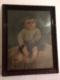 Toblou vechi cu portret facut dupa fotografie, cu baiat bebelus, 46x58cm, rama