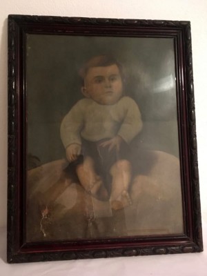 Toblou vechi cu portret facut dupa fotografie, cu baiat bebelus, 46x58cm, rama foto