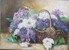 Tablou cos cu liliac semnat Cimpoesu., Flori, Ulei, Realism