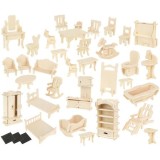 Set mobilier din lemn pentru casuta papusilor, 34 obiecte de mobilier, 175 obiecte, QBT, Fara