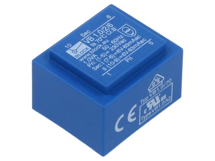 Transformator PCB 1VA, 230VAC, 6V