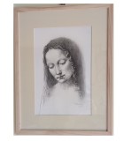 E81. Tablou manual, Madona in stil renascentist, grafica inramata, 32 x 42 cm, Portrete, Carbune, Impresionism, RavariuArt