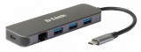 HUB extern D-LINK, porturi 3 x SuperSpeed USB 3.0, 1 x USB-C with data sync &amp;amp; PD 60W, 1 x RJ-45 Gigabit, conec prin USB Type C, cablu 10 cm, metal