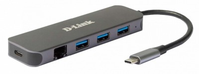 HUB extern D-LINK, porturi 3 x SuperSpeed USB 3.0, 1 x USB-C with data sync &amp;amp;amp; PD 60W, 1 x RJ-45 Gigabit, conec prin USB Type C, cablu 10 cm, metal foto