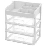 Organizator pentru cosmetice, 3 sertare, 6 compartimente, plastic, alb/transparent