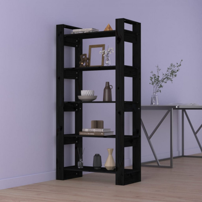 Bibliotecă/Separator cameră, negru, 80x35x160 cm, lemn masiv