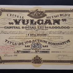 Actiune 1946 Uzinele metalurgice VULCAN , titlu de 100 actiuni nominative