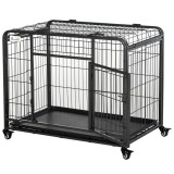 PawHut Cușcă pentru c&acirc;ine pliabilă cușcă de transport pe role 2 uși verrouillables tavă detașabilă dim. 94L x 58l x 69,5H cm metal gri negru | Aosom R