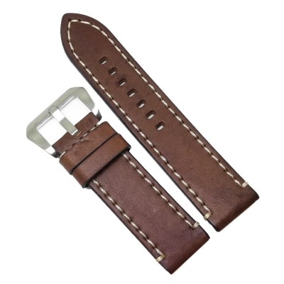 Curea de ceas Robusta din Piele Naturala - Culoare Maro, cusatura alba - 24mm - WZ4020 foto