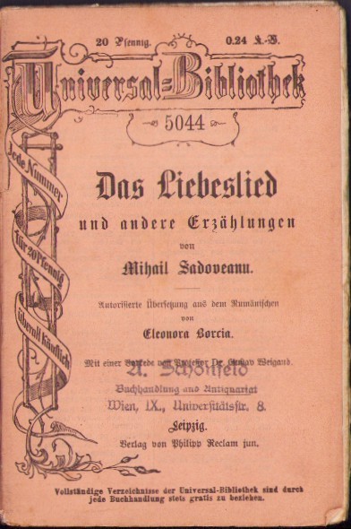 C4288N Das Liebeslied und andere Erz&auml;hlungen von Mihail Sadoveanu, traducere de Eleonora Borcia, Leipzig, 1908