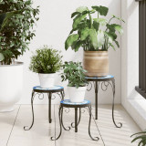 VidaXL Suporturi pentru plante, 3 buc., albastru și alb, ceramică