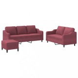 Set canapea cu perne, 3 piese, rosu vin, material textil