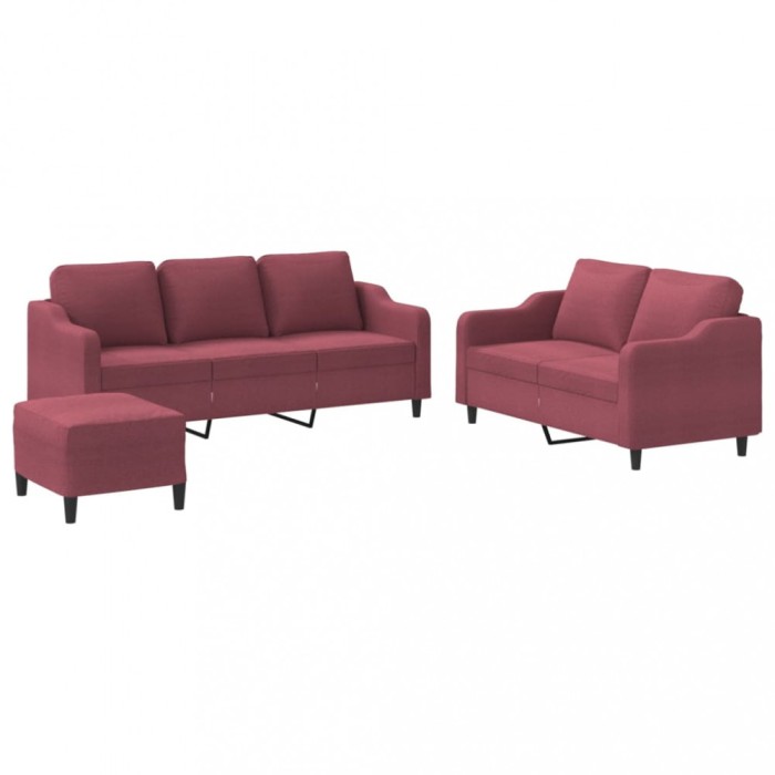 Set canapea cu perne, 3 piese, rosu vin, material textil