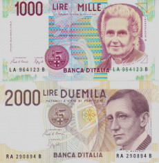 Bancnota Italia 1.000 si 2.000 Lire 1990 - P114a/115 UNC ( set x2 ) foto