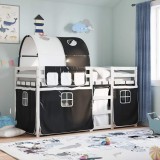 vidaXL Pat supraetajat de copii perdele, alb/negru, 90x200 cm lemn pin 3283985