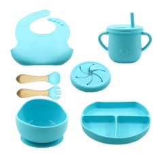 Set 8 piese diversificare bebelusi din silicon, baveta, farfurie cu ventuza, bol cu ventuza, tacamuri din lemn si silicon, cana,fara alergeni,albastru
