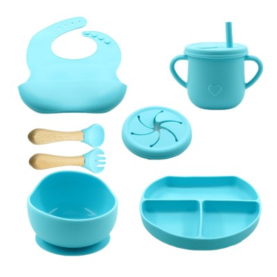 Set 8 piese diversificare bebelusi din silicon, baveta, farfurie cu ventuza, bol cu ventuza, tacamuri din lemn si silicon, cana,fara alergeni,albastru foto