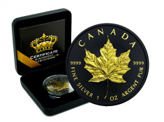 Moneda Argint 999.1 Uncie.Canada 2020.Maple Leaf.Editie Limitata.Gold&amp;amp;Black Emp. foto