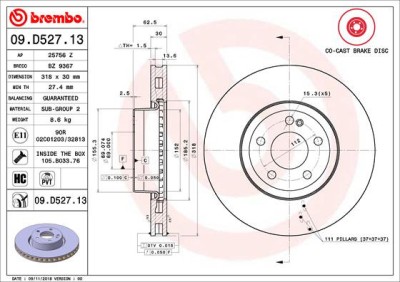 BREMBO 09.D527.13 PRIME LINE - Co-Cast Disc frana foto
