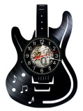 Ceas de perete decorativ realizat din disc de vinil, Model Chitara Electrica Note Muzicale Rock, Negru, 30 cm