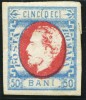 1872 , Lp 34 , Carol cu barba , 50 Bani rosu/albastru - MLH , semnat, Nestampilat