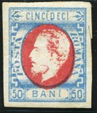1872 , Lp 34 , Carol cu barba , 50 Bani rosu/albastru - MLH , semnat
