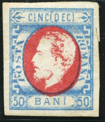 1872 , Lp 34 , Carol cu barba , 50 Bani rosu/albastru - MLH , semnat foto