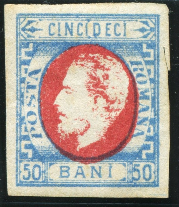 1872 , Lp 34 , Carol cu barba , 50 Bani rosu/albastru - MLH , semnat